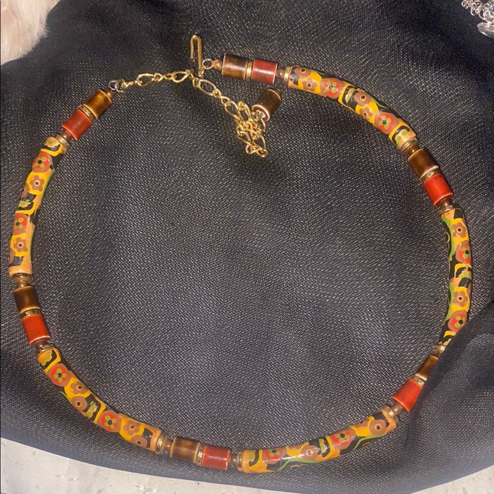 Red and Yellow Beaded Necklace with Natural Stones